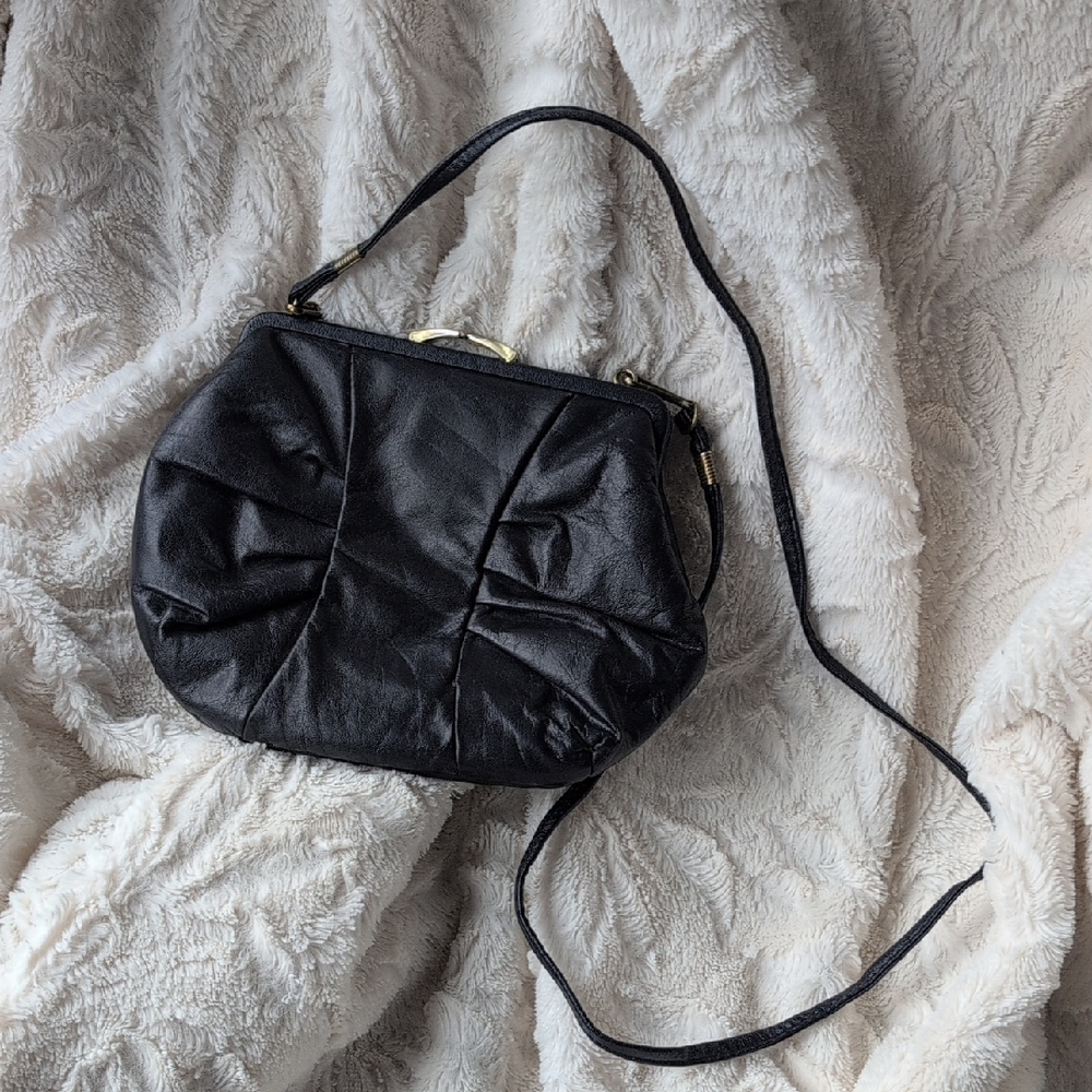 Vintage Navy Ruched Leather Shoulder Bag